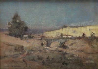 peinture représentant un paysage avec un pont enjambant une rivière et des bâtiments