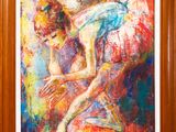 a painting of a woman sitting on top of a couch