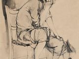 dessin représentant une femme assise sur une chaise, les jambes croisées