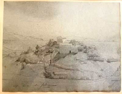 an old drawing of a small village in the middle of a desert