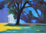 painting of a large tree in front of a building with a blue sky in the background