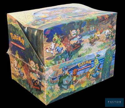 a box of pokemon trading cards on a black background