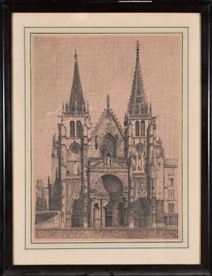 un vieux dessin représentant une église avec deux clochers et une tour horloge