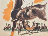 affiche vintage représentant un joueur de polo à cheval, avec un club de polo en arrière-plan