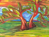 painting of a painting of a tree in a field with a sunset in the background