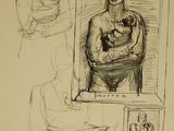 dessin représentant un homme tenant un bébé dans ses bras, devant un dessin représentant une femme tenant un bébé dans ses bras