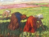 une peinture à l'huile représentant deux femmes dans un champ en train de cueillir de l'herbe