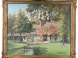 an oil painting of a house with a pond in front of it