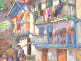 an oil painting of a couple of people standing outside of a house