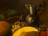 a painting of fruit and a silver pitcher on a table