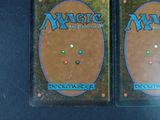 pair of magic the gathering deckmaster cards on a table