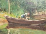 a painting of a man in a boat on the water