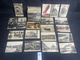several old black and white photographs of people and buildings