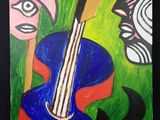une peinture représentant une guitare et un poisson sur fond noir