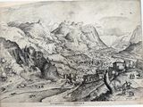 an old drawing of a mountain landscape with a village in the foreground