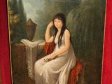 un tableau représentant une femme en robe blanche, assise sur une chaise rouge