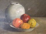 a painting of a bowl of fruit on a table