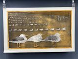 trois mouettes alignées sur la plage