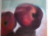 a painting of two apples and one orange on a table