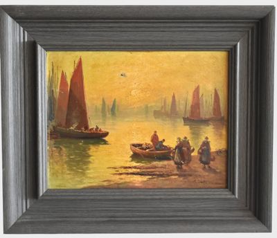 an oil painting of a group of people on a beach near a body of water