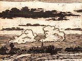 une image représentant un dessin de paysage avec des nuages dans le ciel