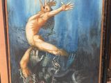 tableau représentant un homme nu tendant la main vers un poisson dans l'océan