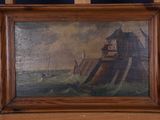 tableau représentant un bateau sur un plan d'eau, avec une maison posée dessus
