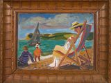 an oil painting of a woman sitting in a chair on the beach