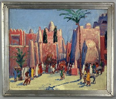 an oil painting of a street scene with a palm tree in the foreground