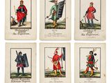six different colored illustrations of men in medieval clothing