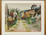 an image of a watercolor painting of a street in a village
