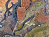 a painting of a woman sitting on a rock by the water