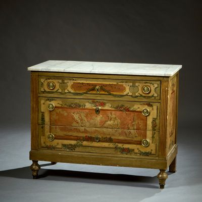 a chest of drawers with a marble top on a stand