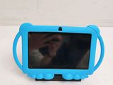 a small blue tablet with a handle on it