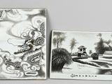 two chinese paintings of a dragon and a pagoda in a park