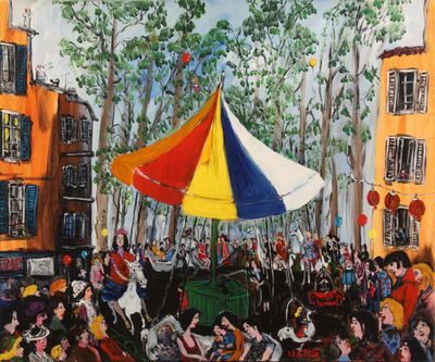 un tableau représentant une scène de cirque avec des personnages en arrière-plan