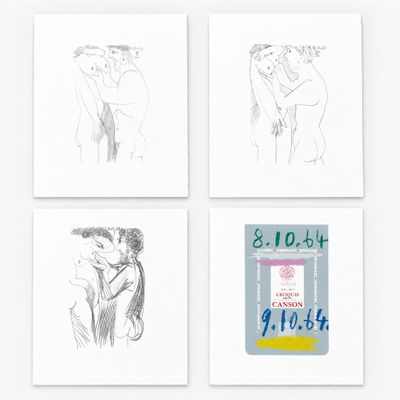 quatre dessins représentant un couple en train de s'embrasser sur un mur blanc
