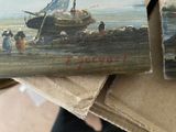 two paintings of people on a beach with a boat in the water