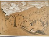 drawing of a street scene with a car parked on the side of the road