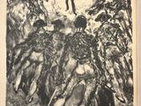 drawing of a man standing in front of a group of dead horses