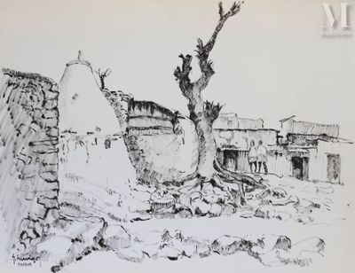 dessin représentant un arbre devant un mur de pierre, avec un bâtiment en arrière-plan