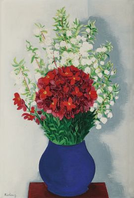 un tableau représentant un vase bleu contenant des fleurs rouges et blanches
