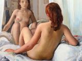 un tableau représentant deux femmes nues assises sur un lit