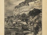 drawing of a view of a village on a hill with a boat in the foreground