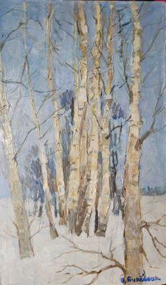 painting of birch trees in the snow with a blue sky in the background