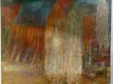 an oil painting of a boat in a body of water with buildings in the background