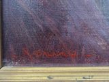 une peinture à l'huile représentant une femme vêtue d'une robe rouge et coiffée d'un chapeau rouge