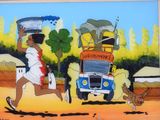 painting of a man running with a bucket of water on his head