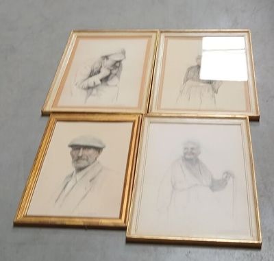 quatre dessins encadrés représentant un homme avec une pipe et un chapeau