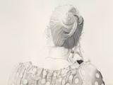 pencil drawing of a woman in a polka dot dress with her back to the camera
